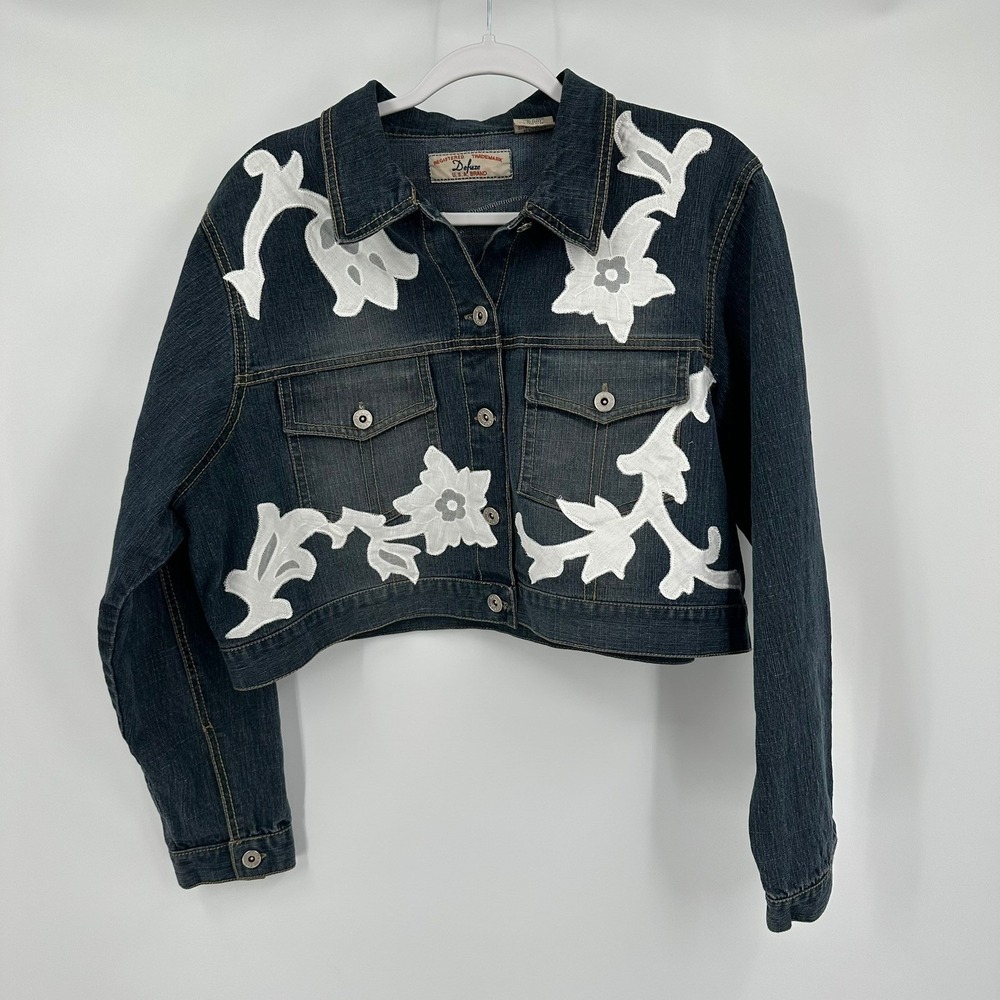Women Boho Embroidered Cropped Denim Jacket Size 3X Artsy Eclectic Indie Western